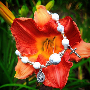 White Stone and Silver Rosary Bracelet