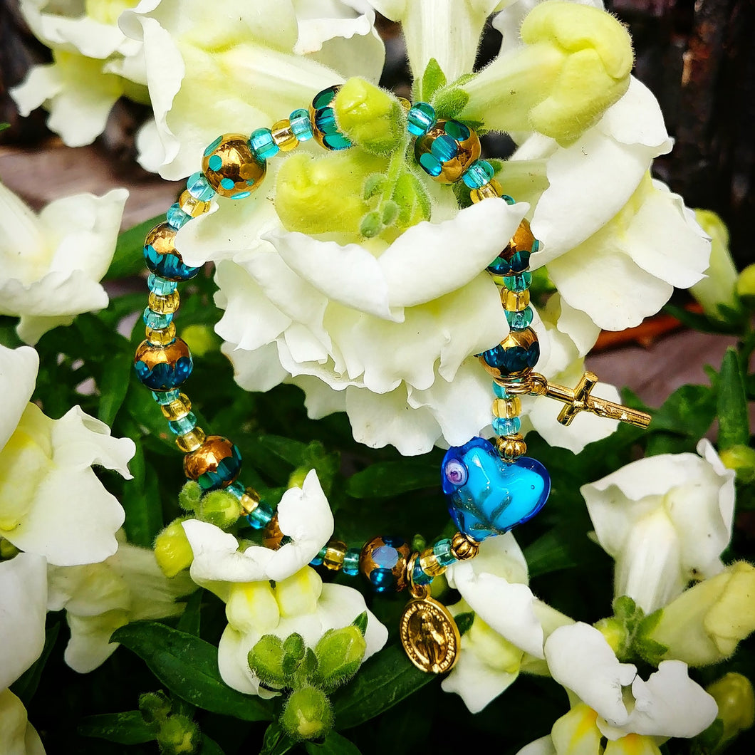 Aqua and Gold Rosary Bracelet