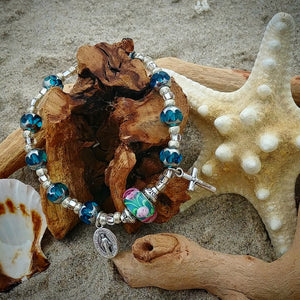 Aqua and Silver Rosary Bracelet