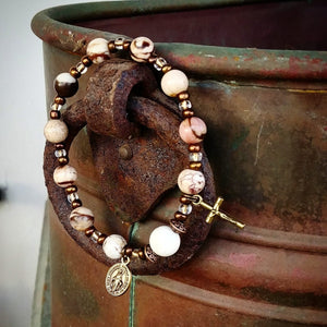 White natural stone and bronze Rosary bracelet