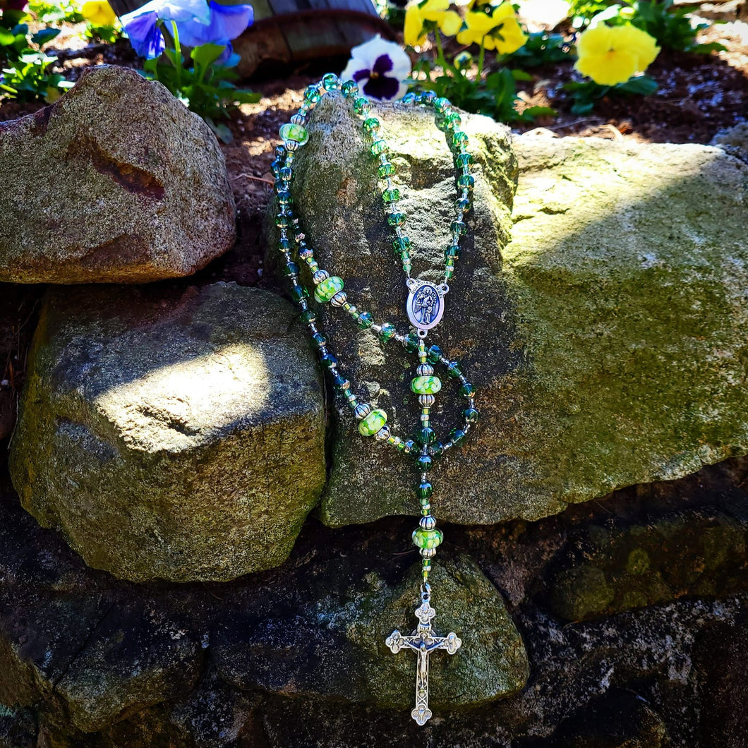 Green and silver Rosary Beads
